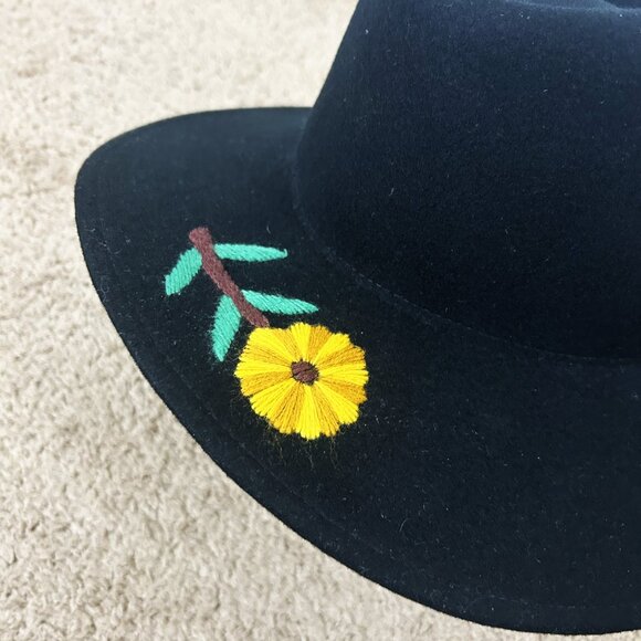 Brixton Felt Wool Cowboy Cowgirl Hat Embroidered Flowers 7 1/4 M Black main image 2